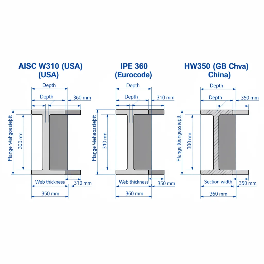 Comparison of steel I-beam profiles: AISC W310 (USA), IPE 360 (Eurocode), and HW350 (China)
