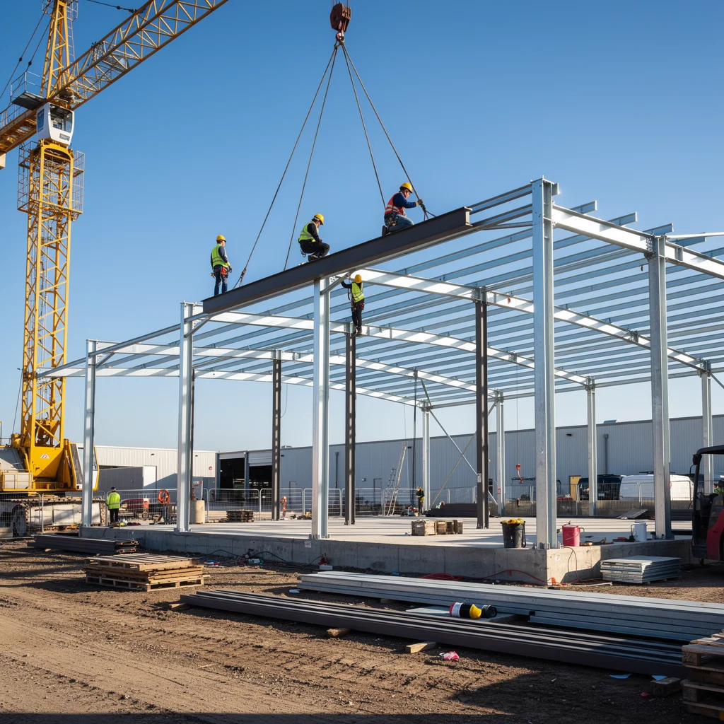Steel structure warehouse under construction with crane hoisting beam into place