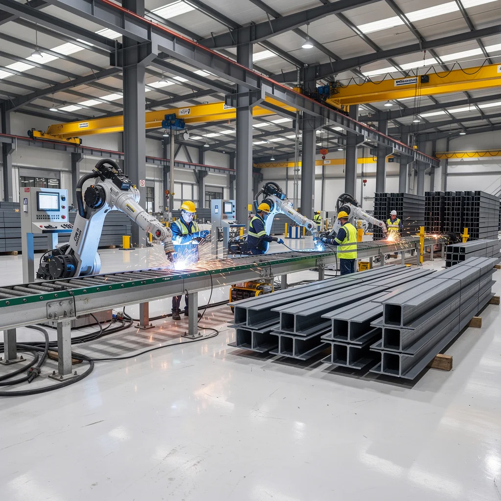Modern steel factory production line with automated H-beam welding equipment