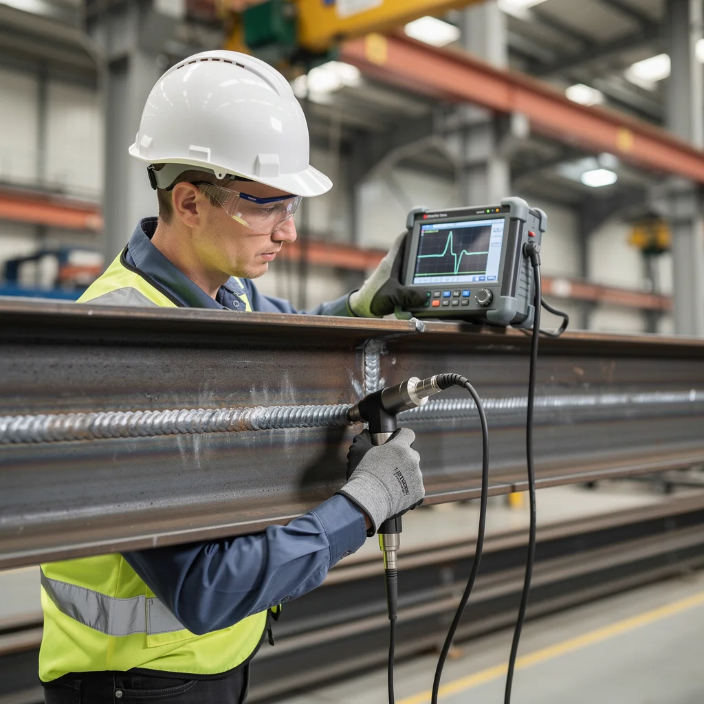 Quality control inspector using ultrasonic testing equipment on steel weld joint