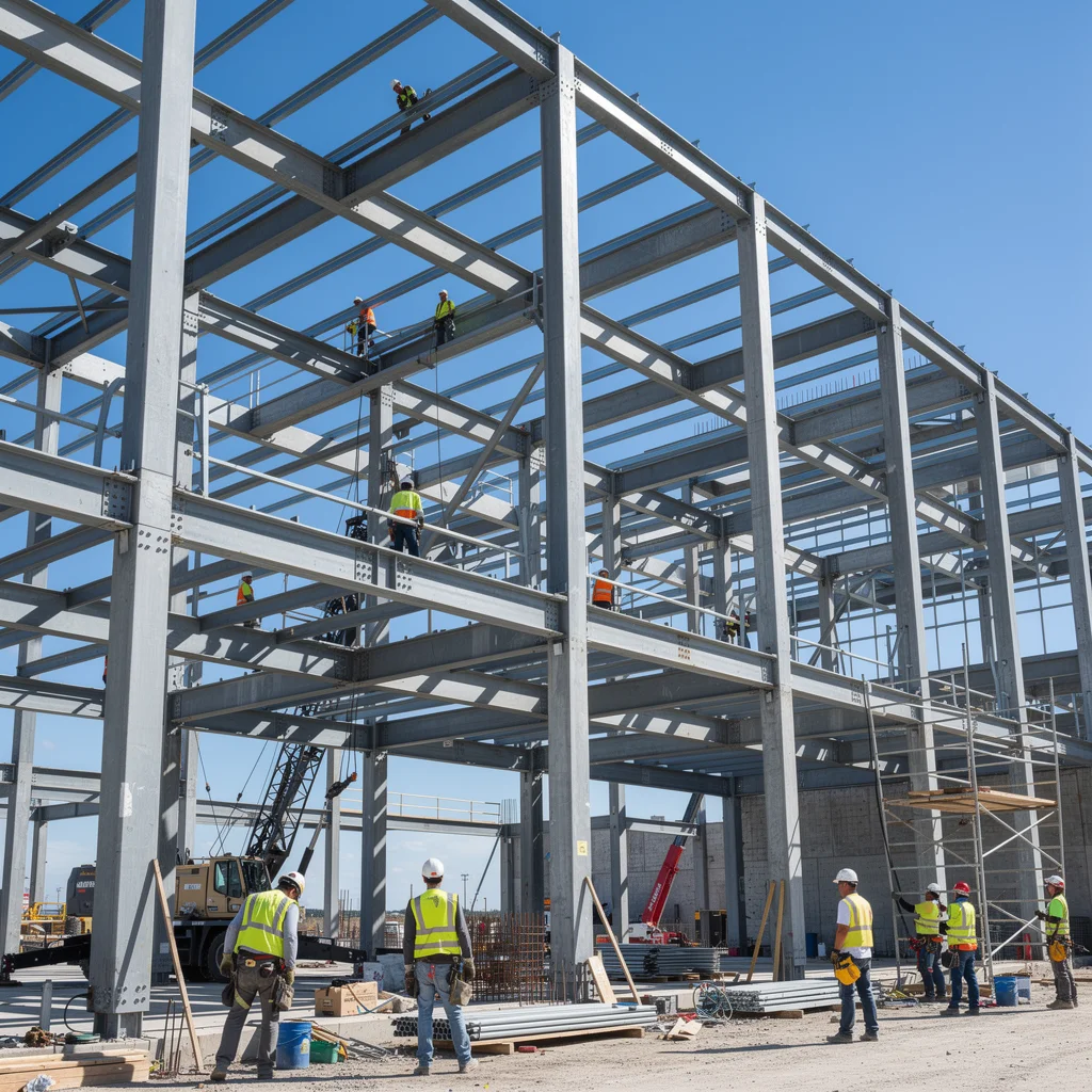 Steel frame commercial building under construction