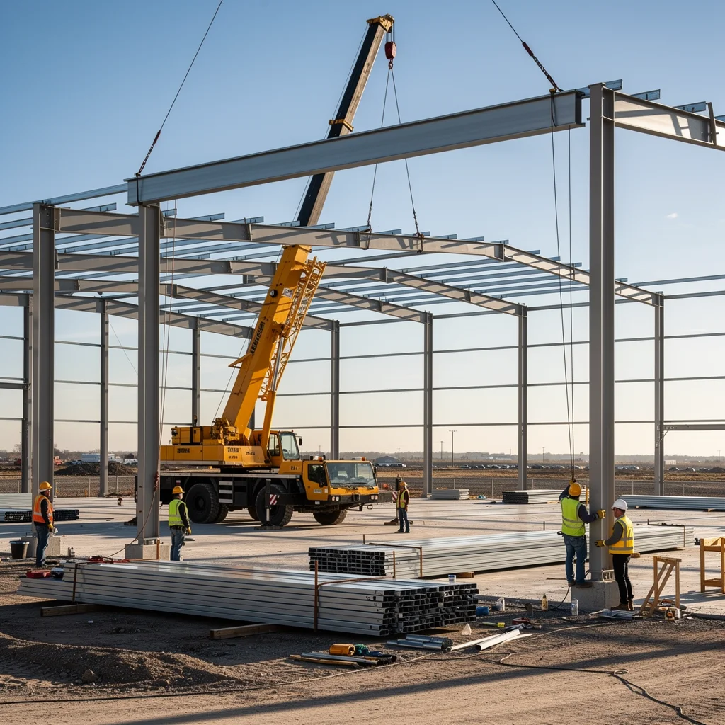 Steel structure erection on-site with mobile crane