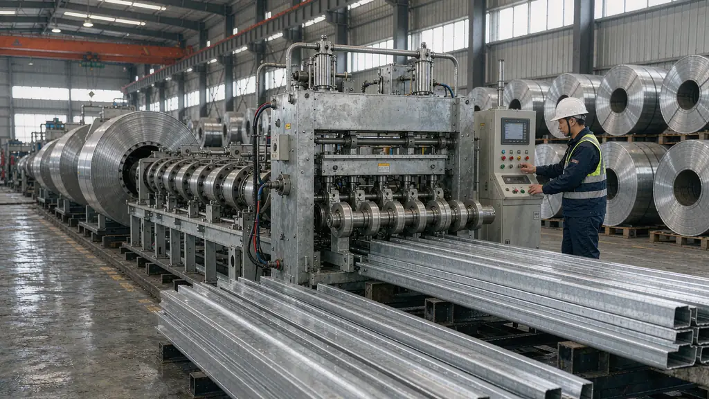 Roll-forming line shaping galvanized steel coil into silver C purlin profiles at a steel factory