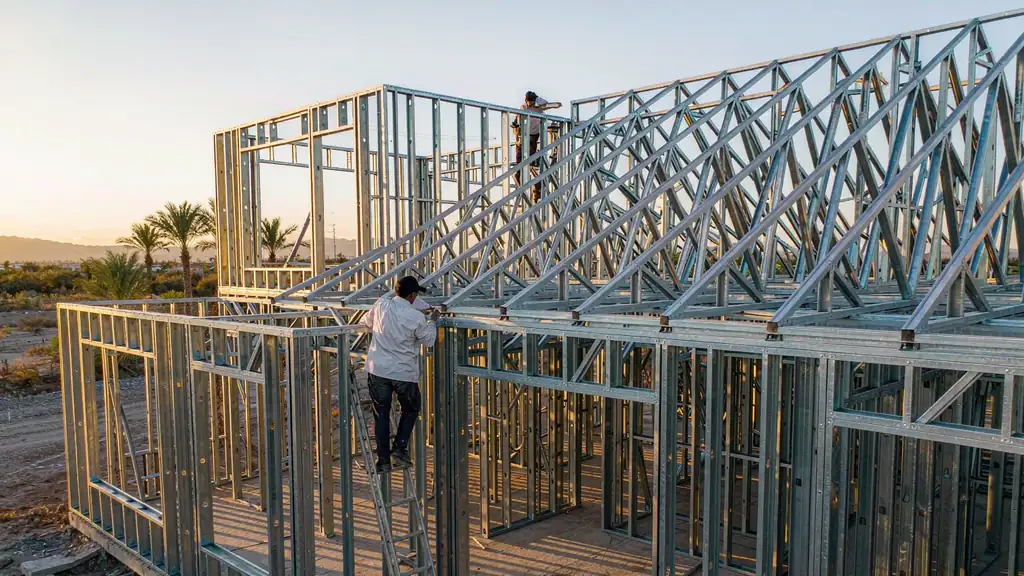 Light gauge steel villa frame erection with workers fixing galvanized stud profiles on a desert construction site