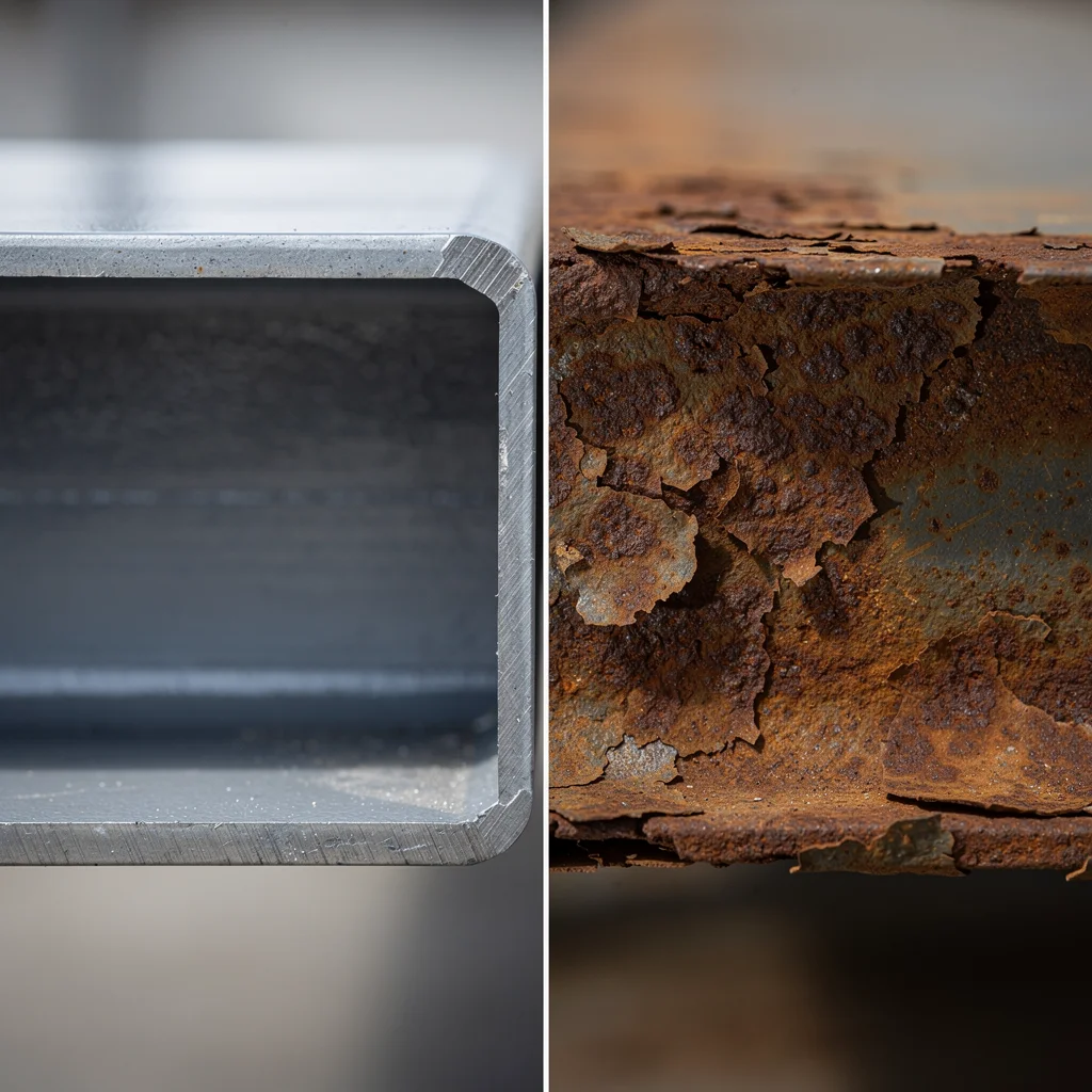 Comparison of well-coated vs severely rusted steel beam showing corrosion consequences