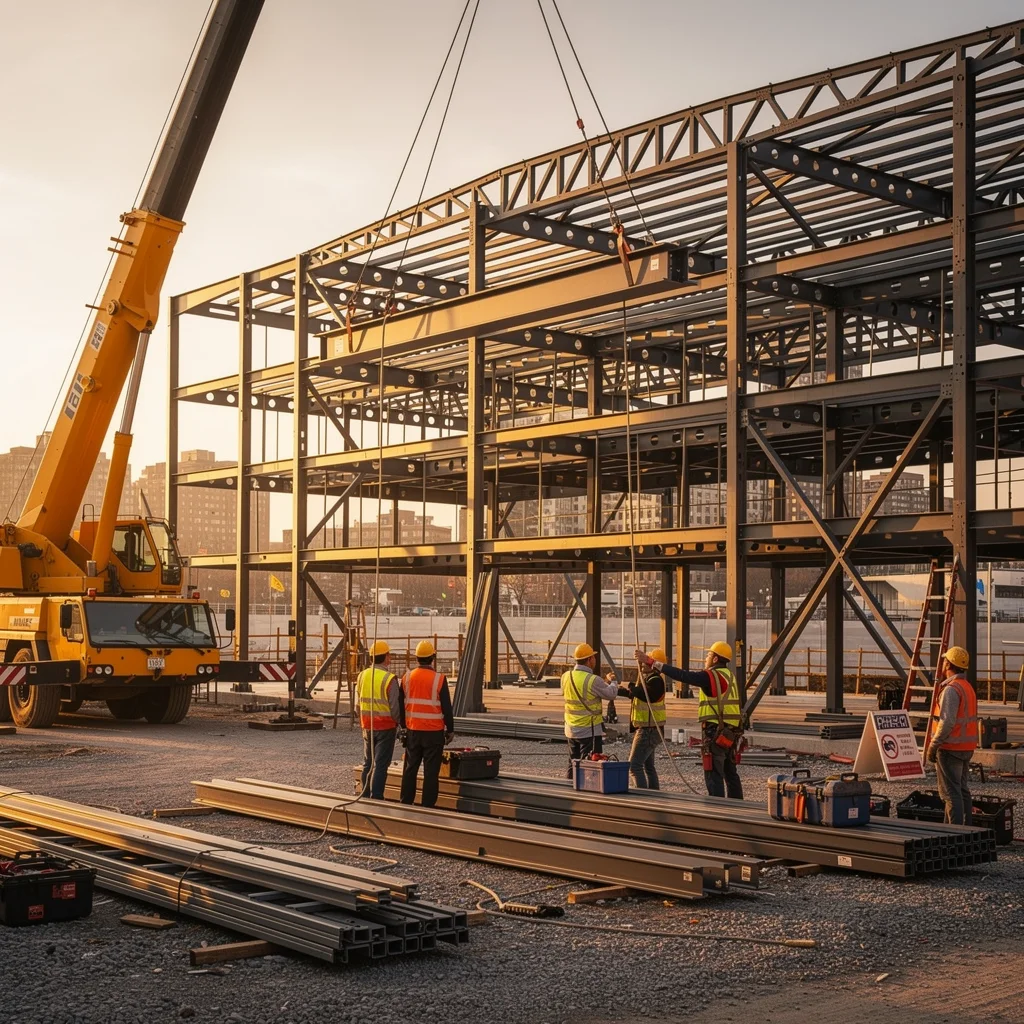 Construction workers assembling steel building frame with mobile crane on site