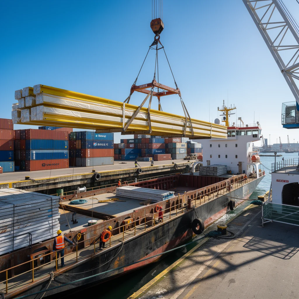 International shipping port crane loading steel beams onto cargo vessel