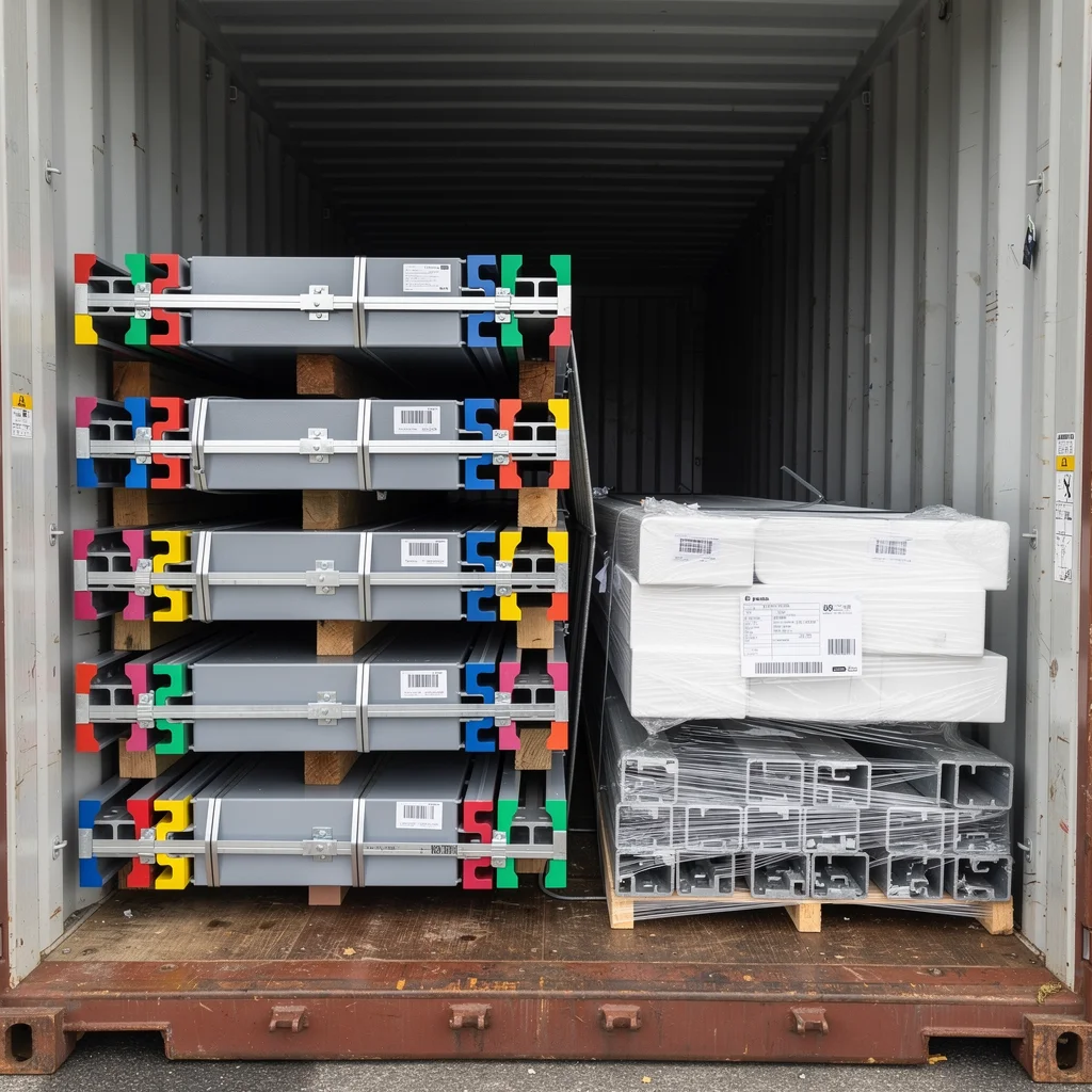 Steel beams professionally packed and strapped inside shipping container for export