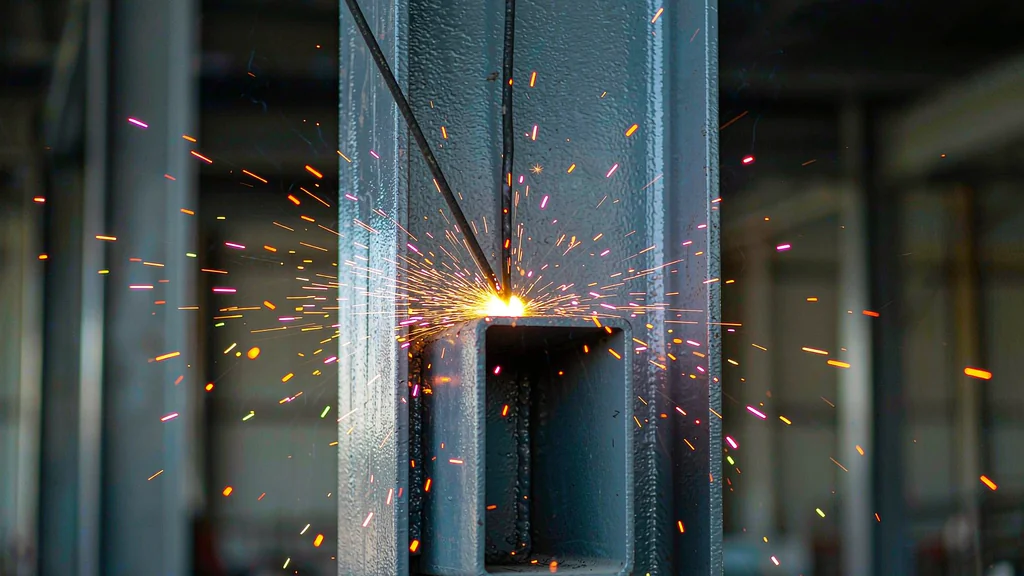 Close-up arc welding seam joining thick structural steel plates in a fabrication workshop