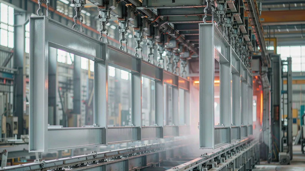 Fabricated steel beams hanging on a conveyor through an automated shot blasting and primer coating line