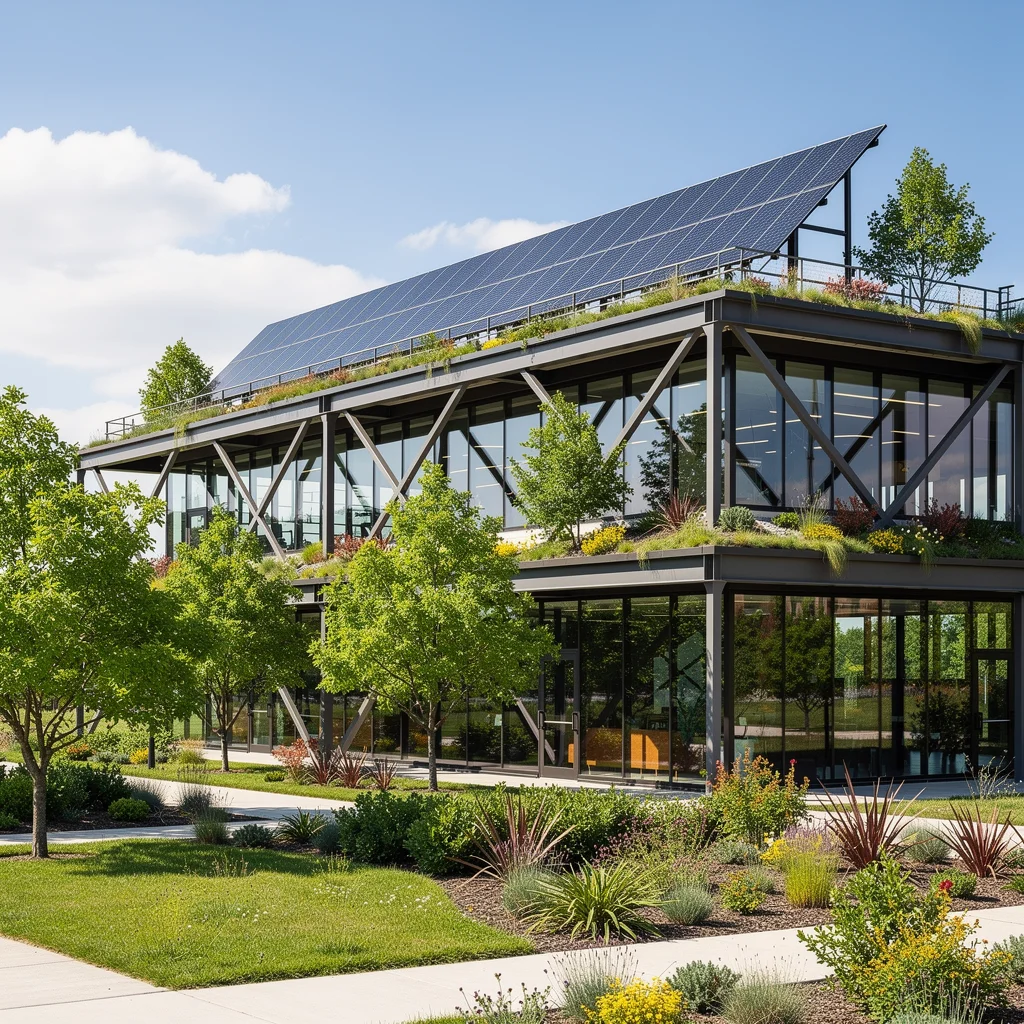 Sustainable green steel building with solar panels