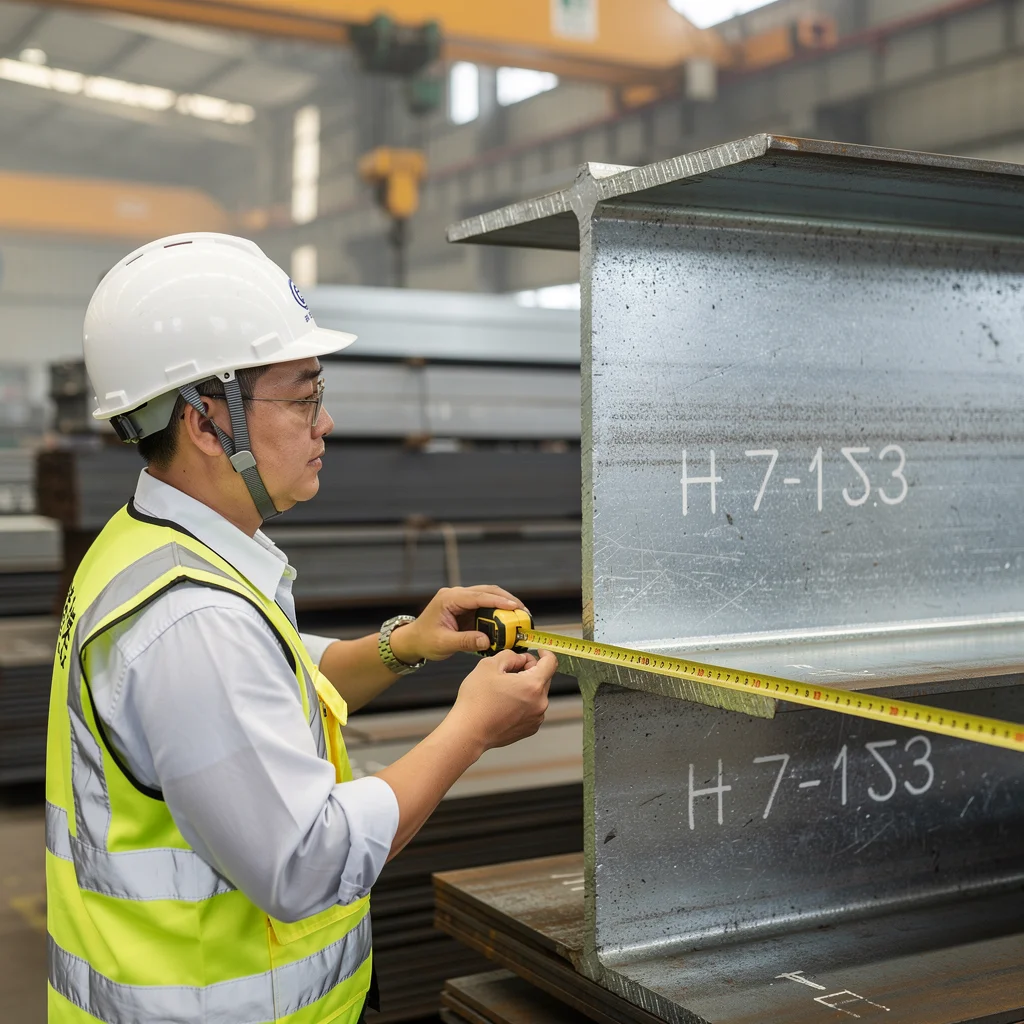Steel structure quality inspection — checking an H-beam section and heat number before shipment