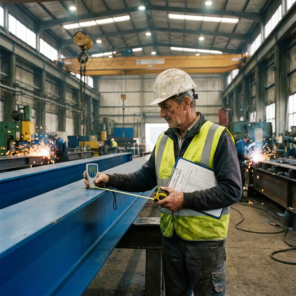 Quality control inspector measuring steel beam dimensions