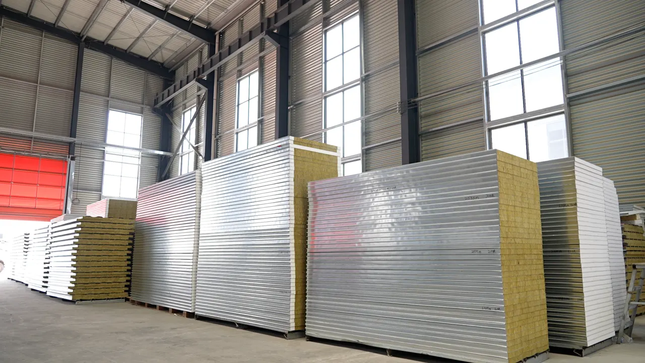 Insulated sandwich panels stacked in the factory storage area
